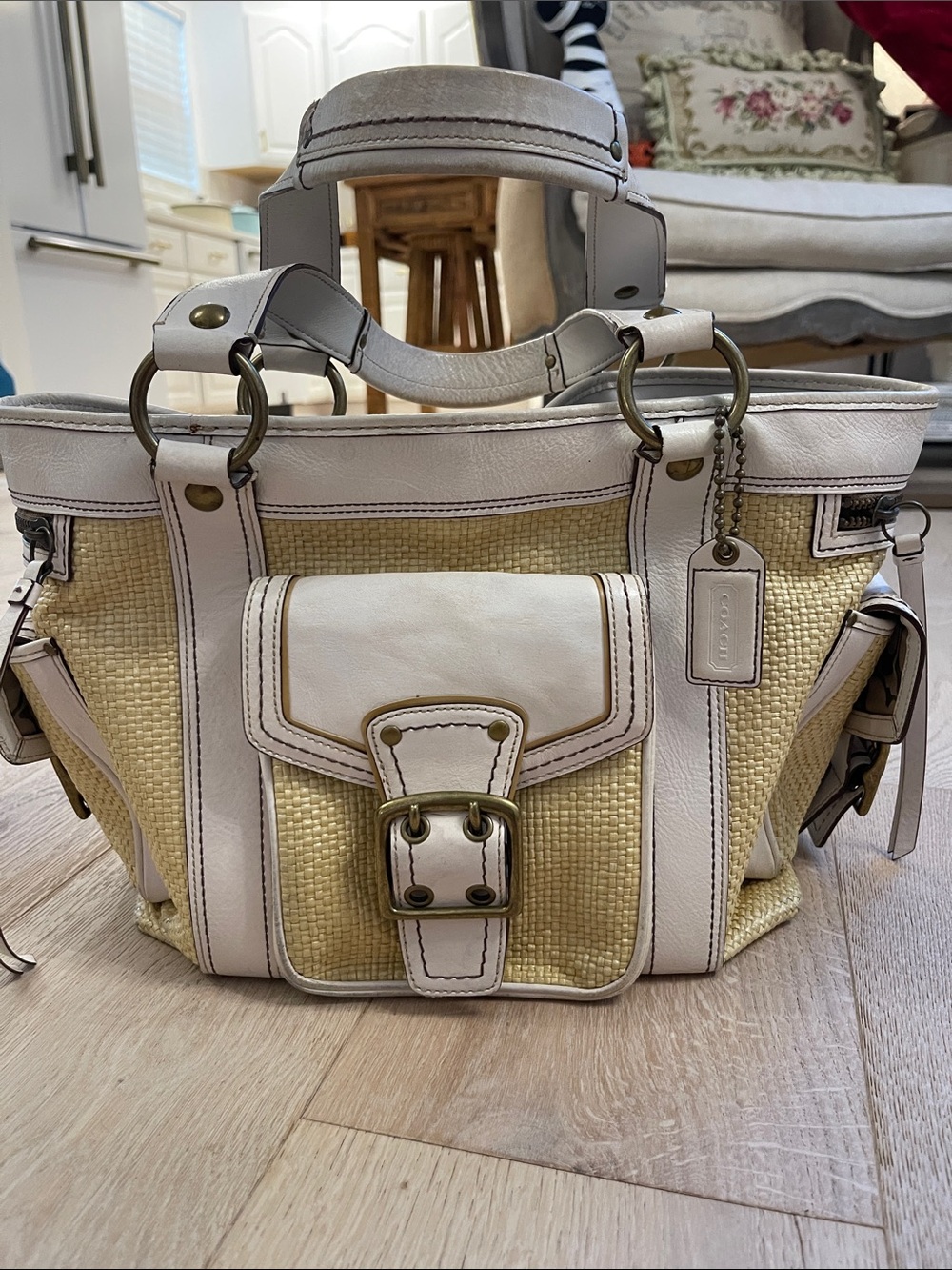 Coach Legacy yellow Straw and Leather Shoulder Satchel Handbag